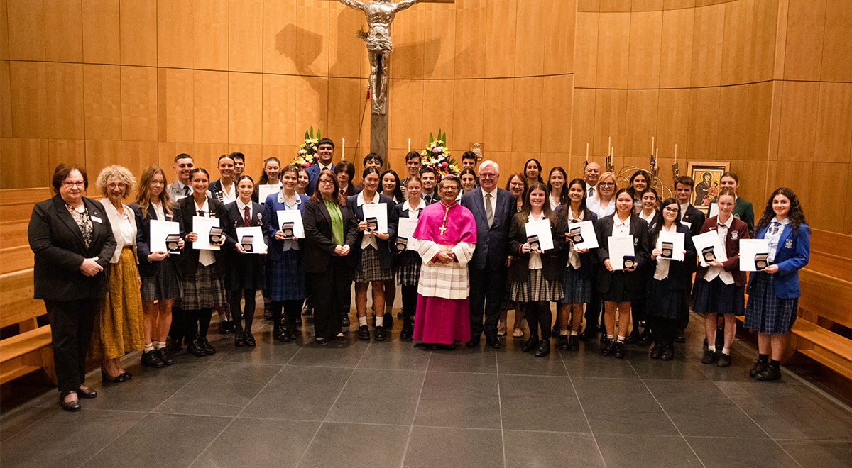 Group shot of Bishop and recipients of Bishop of Parramatta Award for Student Excellence